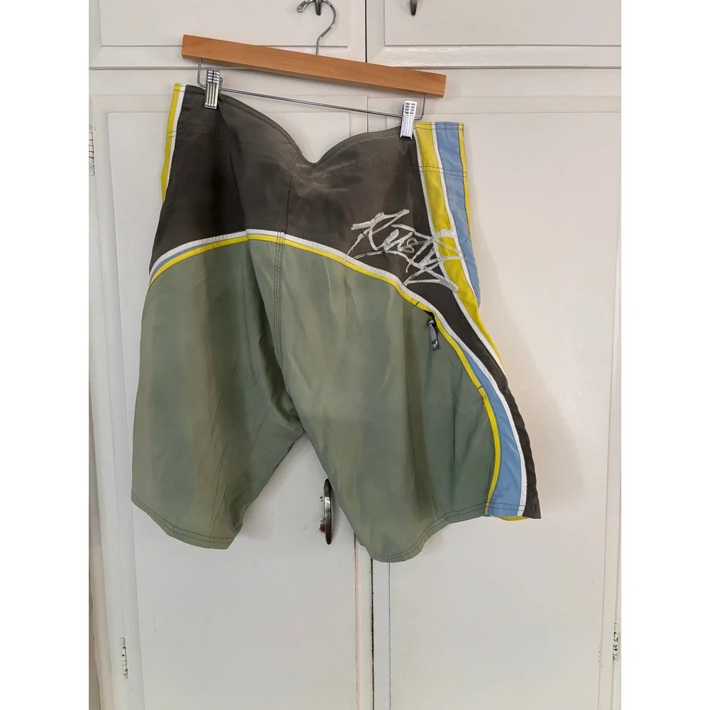 Vintage Rusty Mens Board Shorts Sage Green Striped Surf Swim Trunks Size 36
